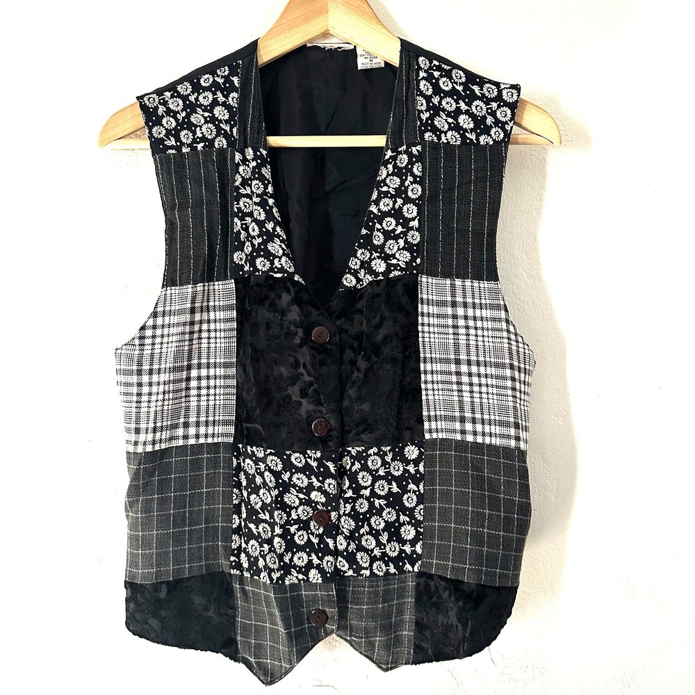 Vintage 90s Black White Patchwork Floral Plaid Vest Women Medium Boho Grunge Tie